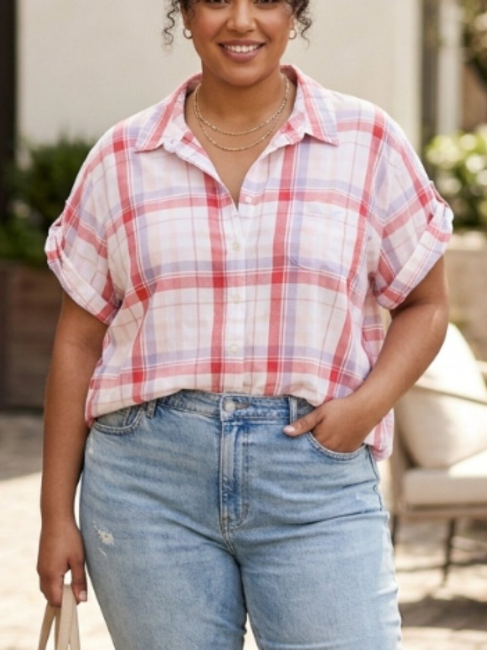 Riders By Lee Pink White Plaid Button Front Top Blouse Plus 2X Cotton Casual
